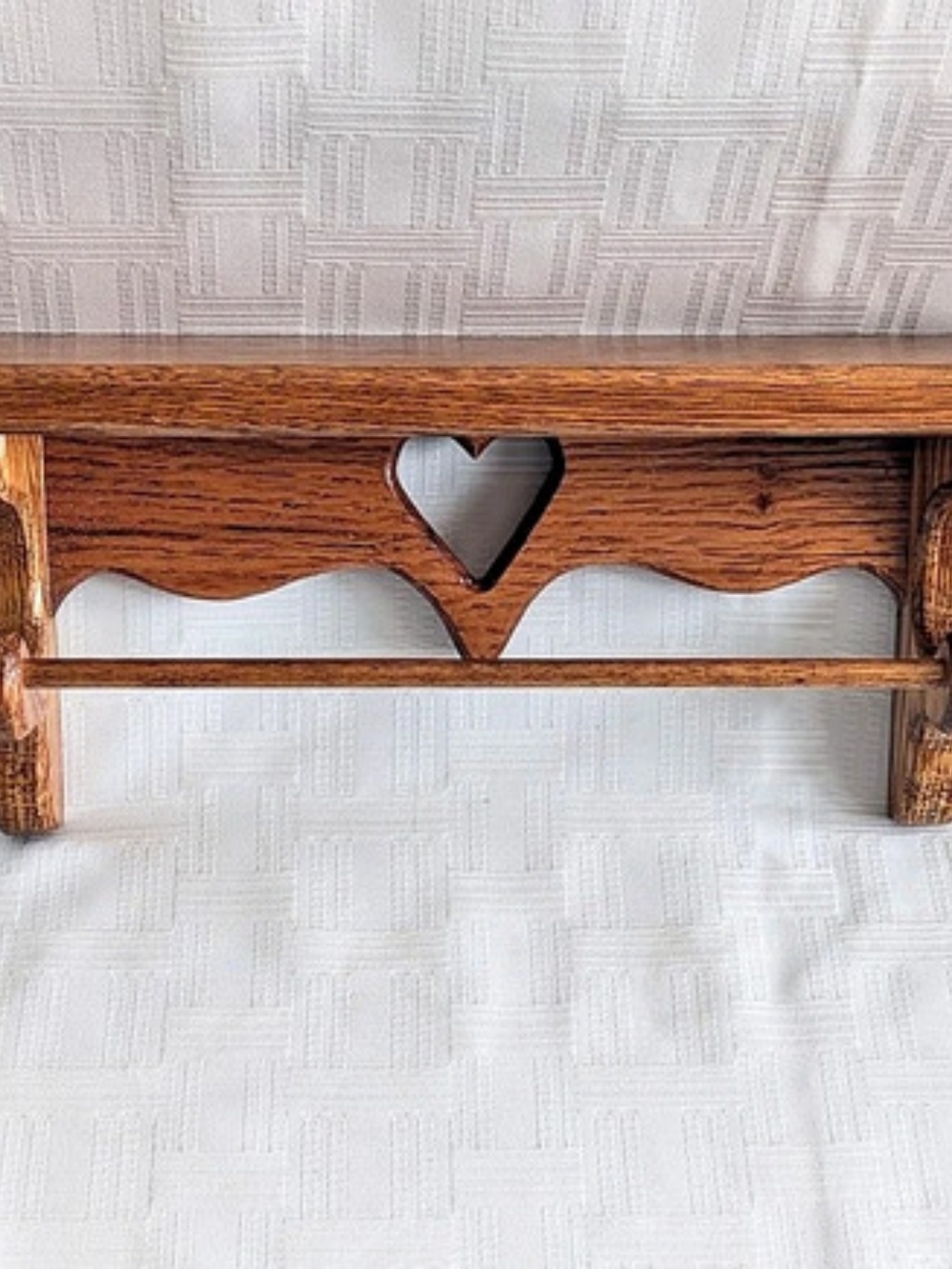 Oak Wooden Wall Shelf with Towel Bar & Heart Cutout Vintage